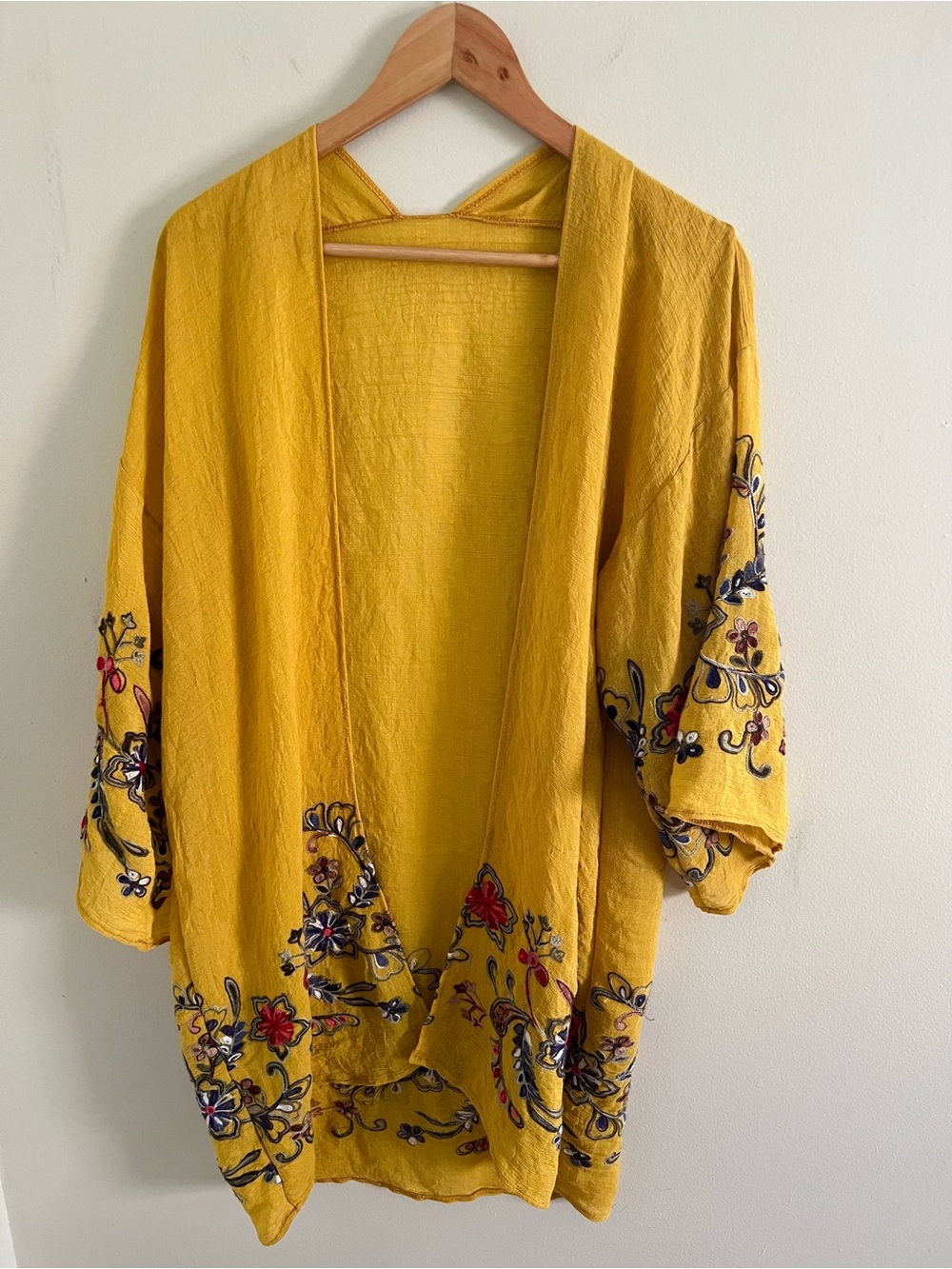 Boho Yellow Romantic Floral Embroidered Kimono Jacket Cardigan Duster Open Front